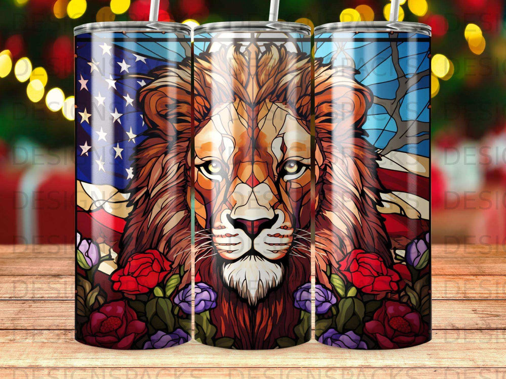 Lion with American flag and roses against stained glass background.