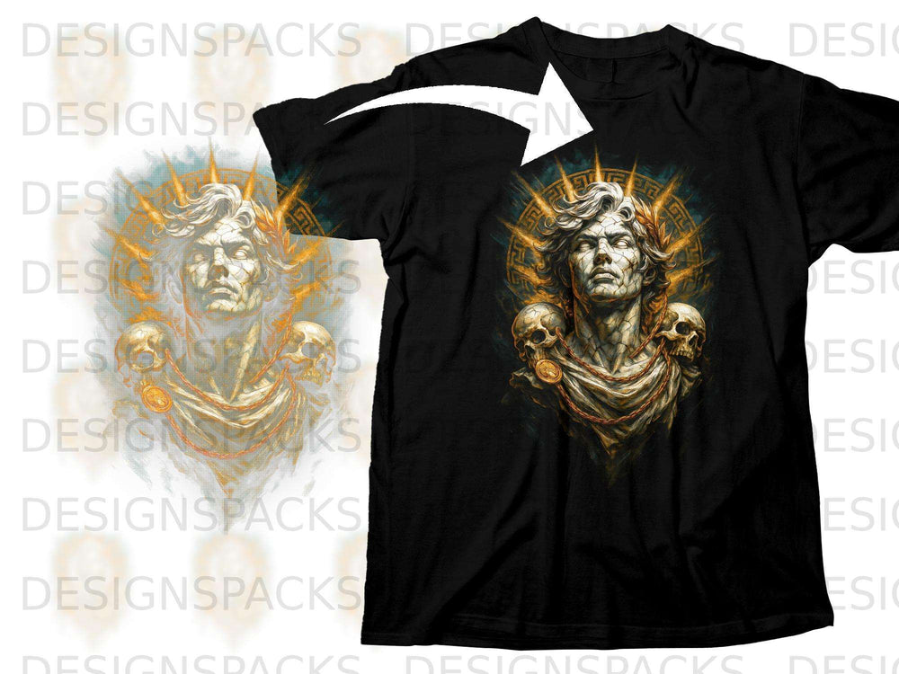 Black t-shirt featuring a cracked marble bust with skulls and golden sun rays.