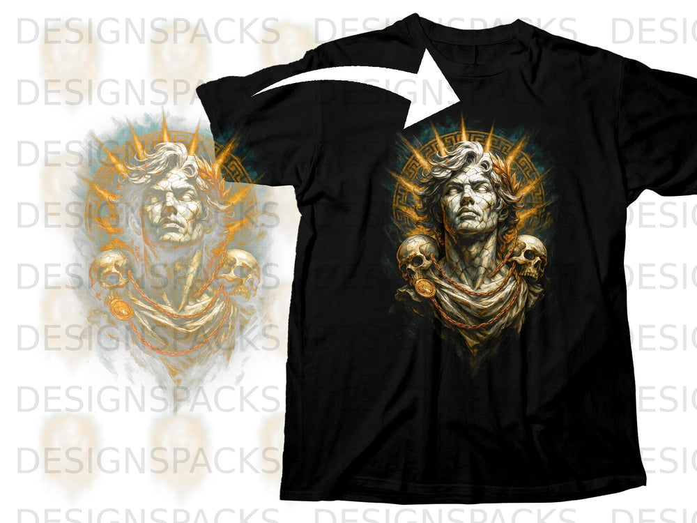 Black t-shirt featuring a cracked marble bust with skulls and golden sun rays.