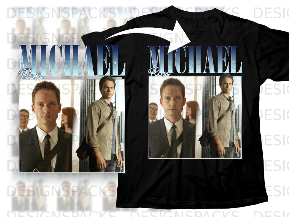 Black t-shirt with "MICHAEL ROSS" graphic featuring images of the actor Patrick J. Adams.