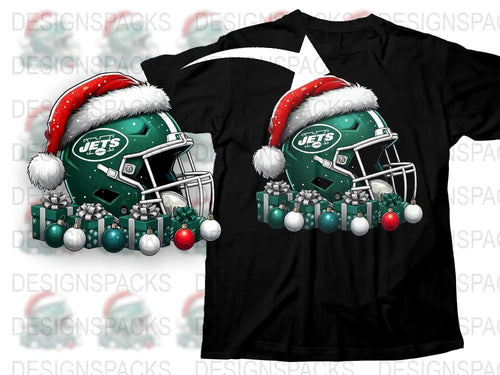Festive Football T-Shirt, Christmas Santa Hat, Jets Helmet Design, Holiday Sports Apparel, Gift for Fans