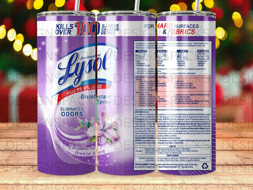 Lysol disinfectant spray with Early Morning Breeze scent, kills 99.9% of germs.