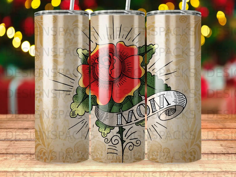 Red rose tattoo with "MOM" banner on a tumbler.