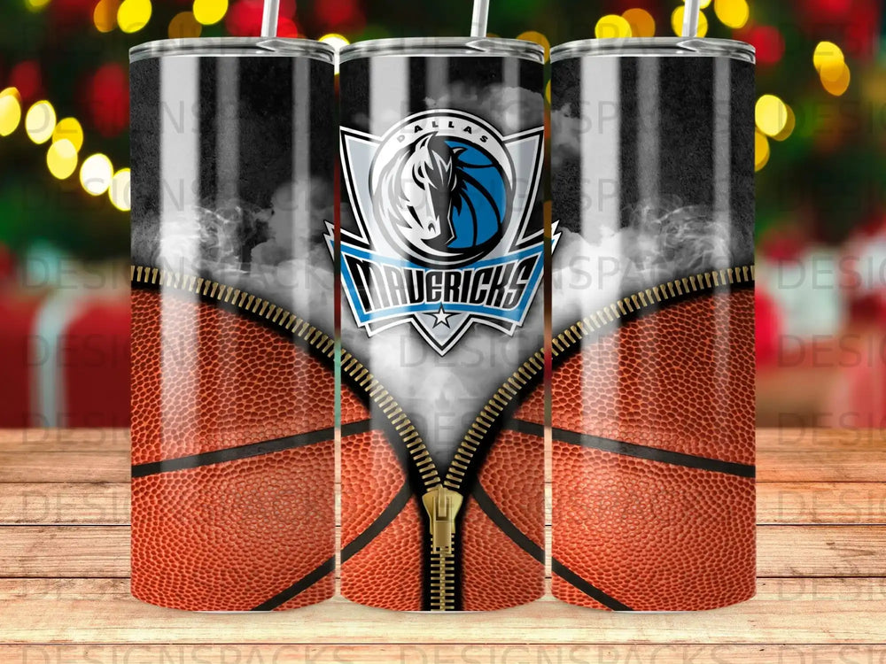 Dallas Mavericks basketball logo on a zippered tumbler with basketball texture.