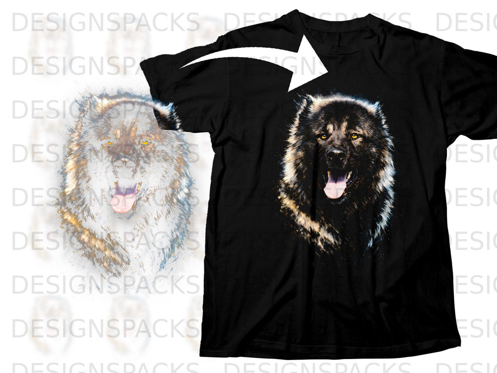 Black t-shirt with a vibrant wolf graphic on the front.