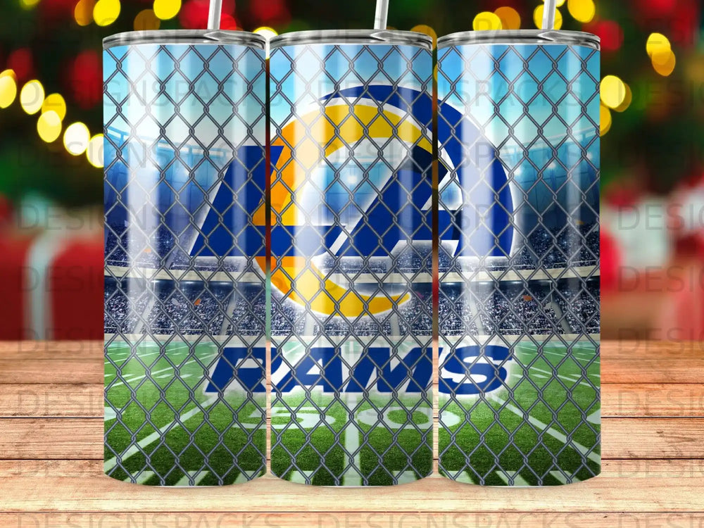 Los Angeles Rams logo on stadium background with chain-link fence overlay.