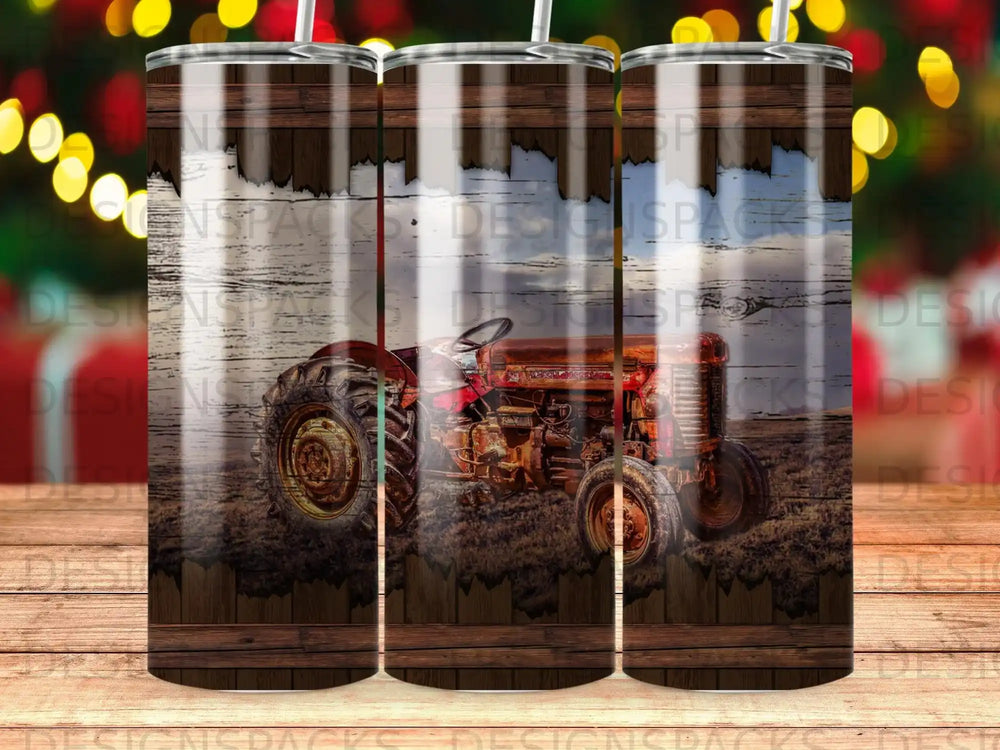 Rustic tractor on wood-textured background, centered on three vertical panels.