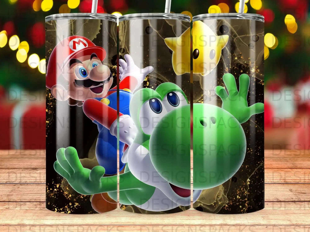 Mario and Yoshi on a tumbler with gold, black, and bokeh backgrounds.
