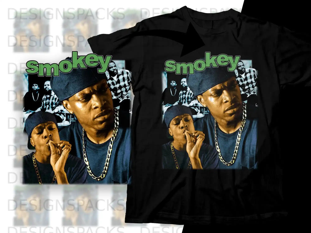 Smokey t-shirt featuring close-up of a man smoking, wearing a gold chain.