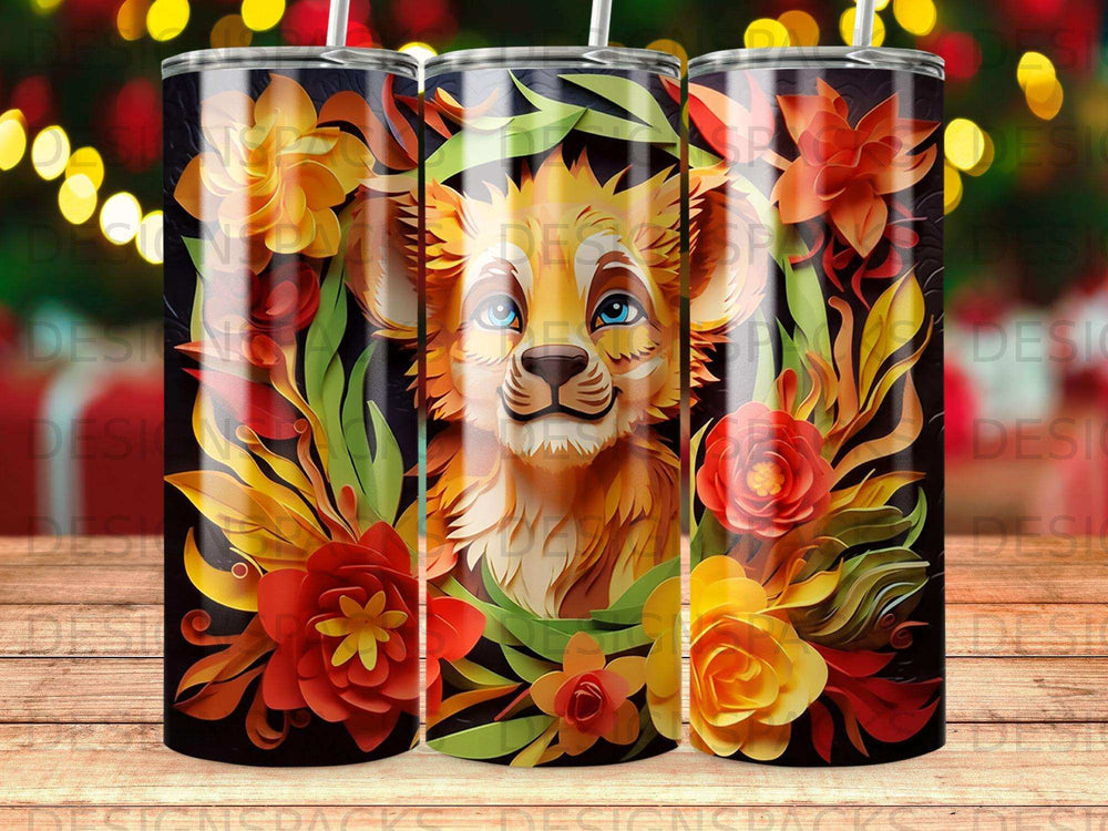 Lion face with vibrant floral accents on a patterned tumbler.
