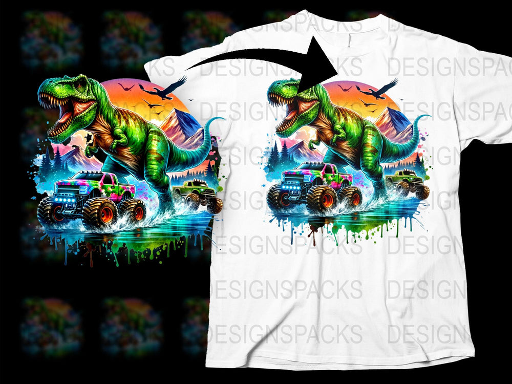 Colorful Dinosaur Graphic T-Shirt, Vibrant Kids Tee, Monster Truck Print, Cool Animal Shirt for Boys and Girls