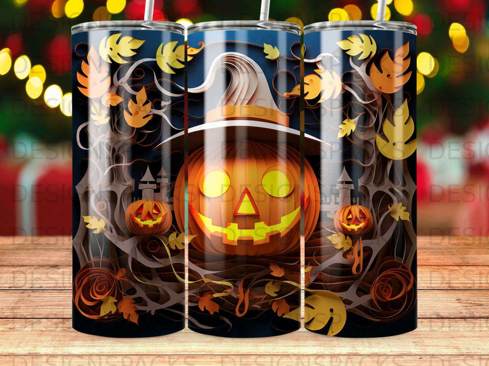 Halloween tumbler with Jack-o'-lantern, hat, and autumn leaves.