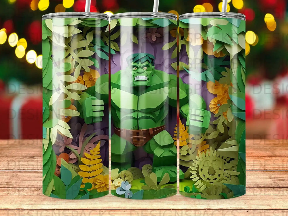 Hulk in jungle scene, a green superhero character wearing a loincloth, in a patterned tumbler.