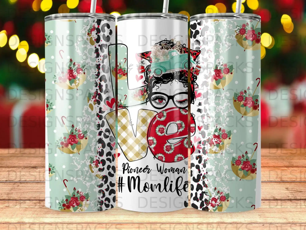 "Love" graphic with flowers, truck, and "Pioneer Woman #Momlife" text.