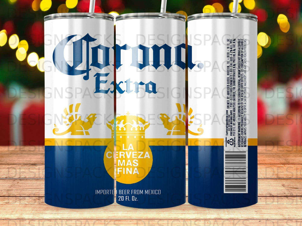 Corona Extra beer can with crown logo and "Cerveza Mas Fina" text.