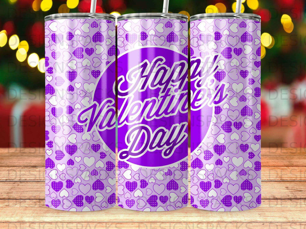 Purple tumbler with repeating heart pattern and "Happy Valentine's Day" text.