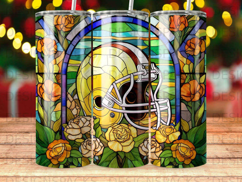 Green Bay Packers helmet in stained glass design with floral border.