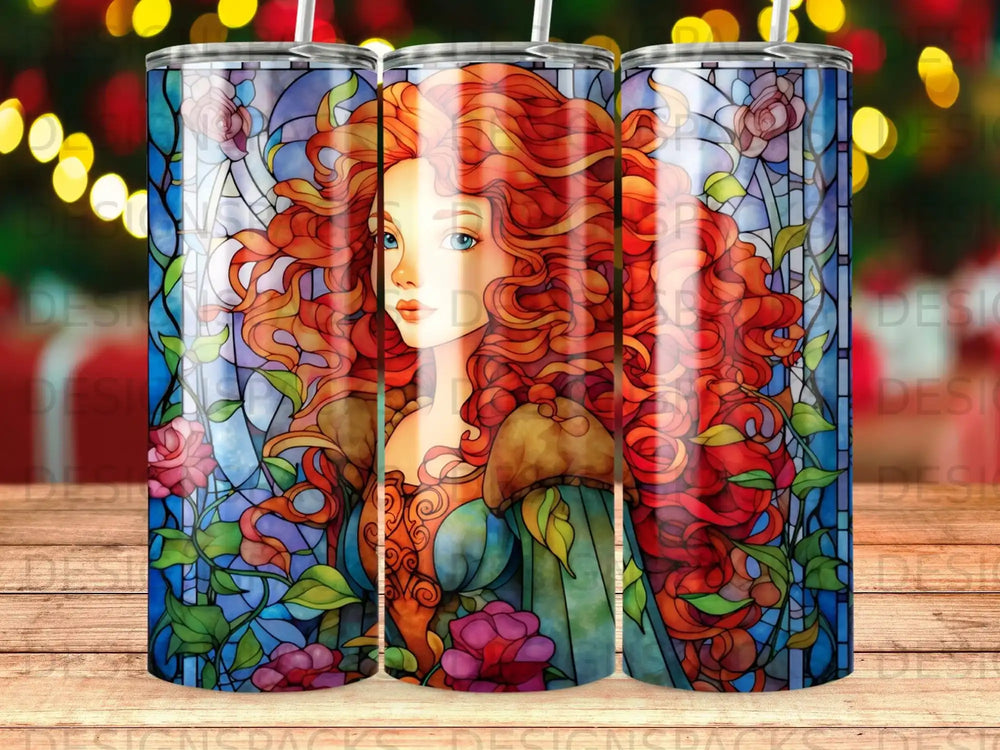 Stained glass style portrait of a woman with fiery red hair and blue eyes.