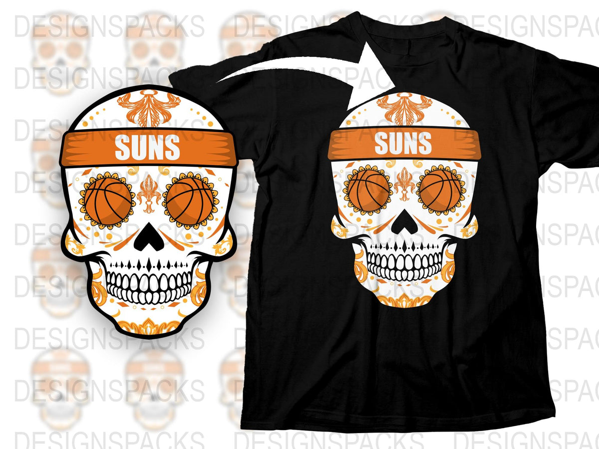 Vintage Suns Skull T-Shirt, Basketball Fan Art Apparel, Orange and Black Graphic Tee, Unique Sports Fan Gift Idea