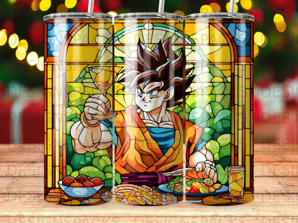 Goku in stained glass holding a goblet with food and drink.