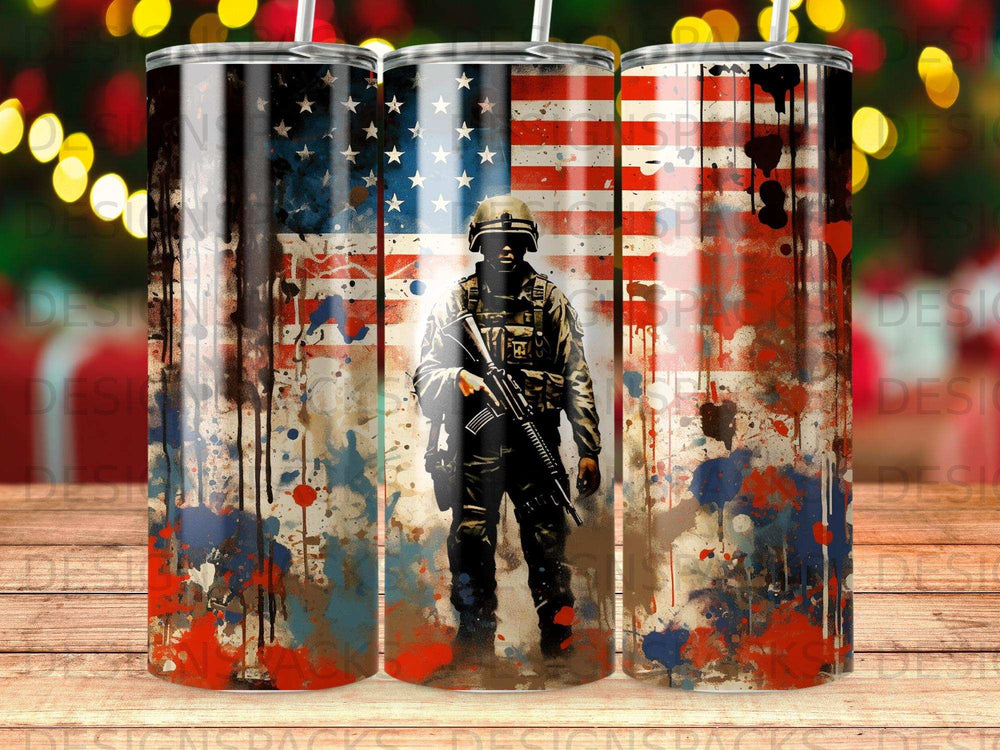 Soldier with American flag background, paint splatter design.