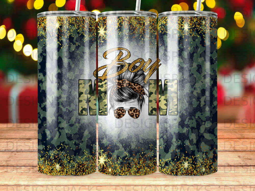 Camouflage "Boy Mom" tumbler with leopard print hair and glitter accents.