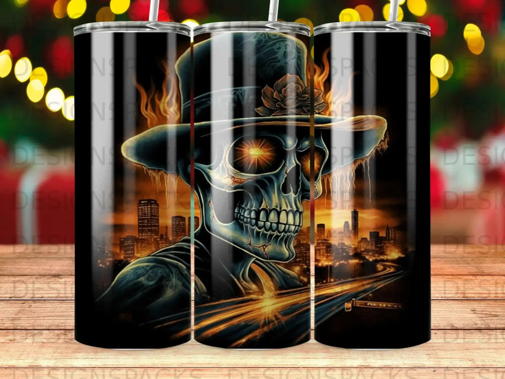 Skull in a hat and flames with a city skyline at sunset.