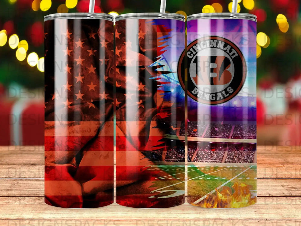 Cincinnati Bengals tumbler with American flag and stadium detail.