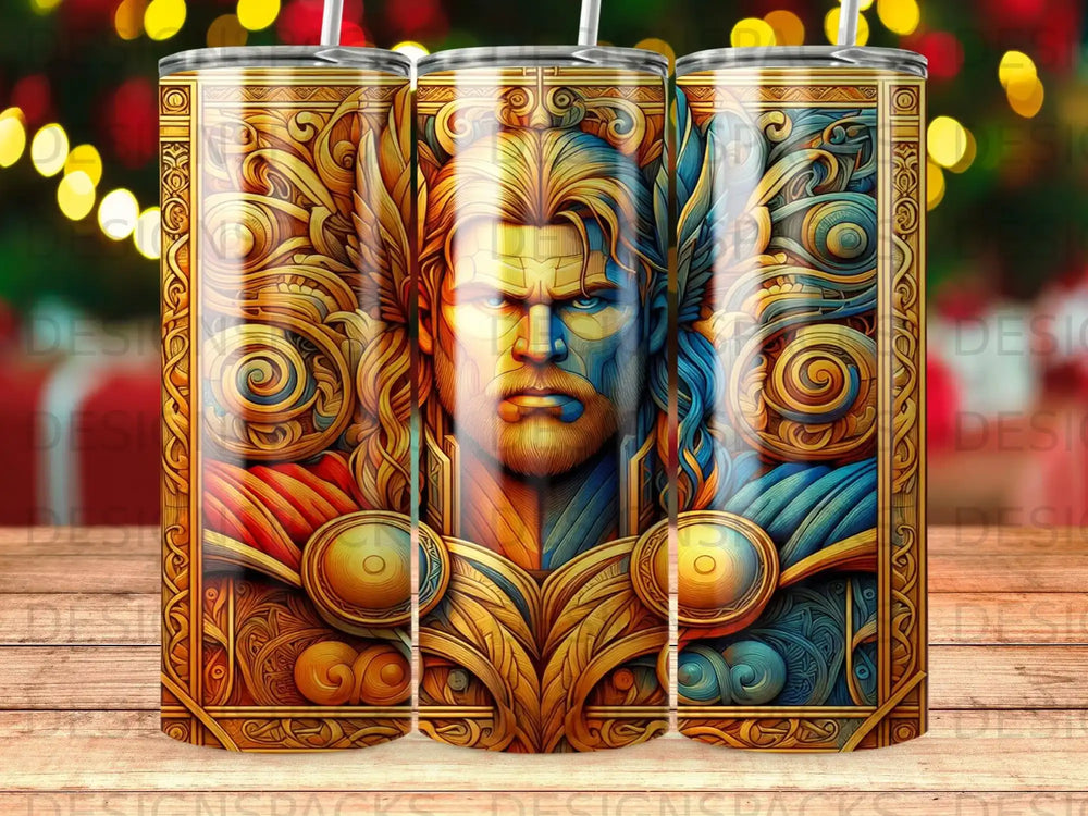 Thor's head with ornate golden wings and decorative patterns.