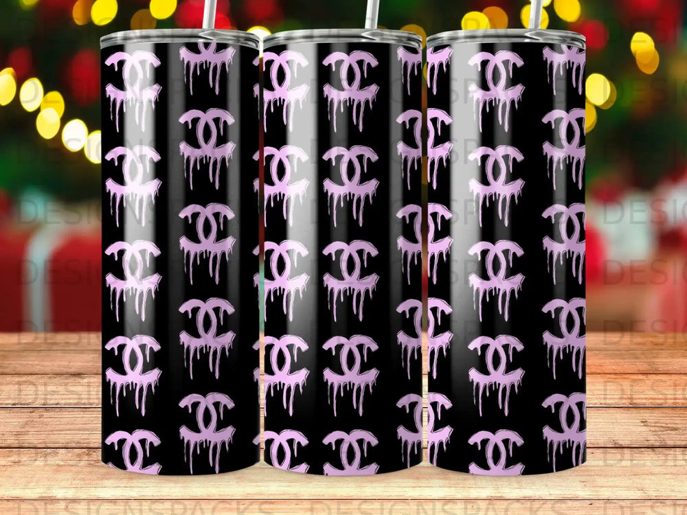Black tumbler with a repeating pink Chanel logo drip pattern.