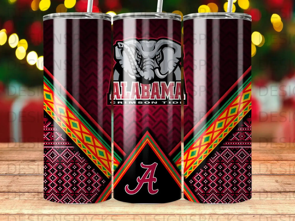 Crimson Tide Alabama A logo on a tumbler with tribal patterns.