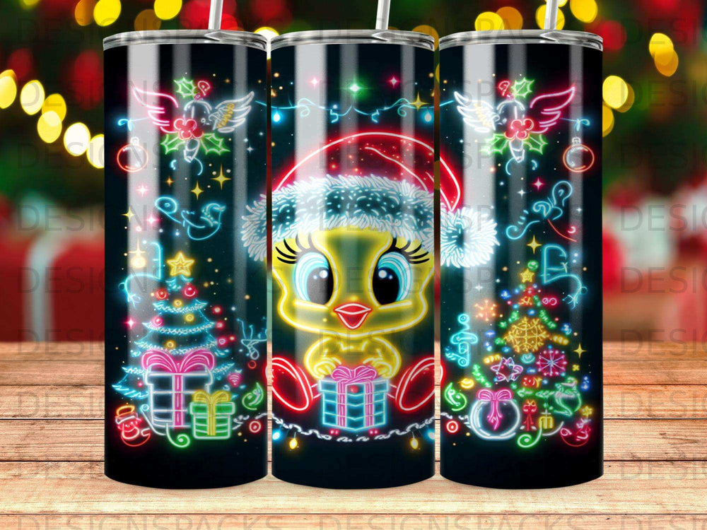 Tweety Bird in Santa hat holding gift, surrounded by neon Christmas trees and ornaments.