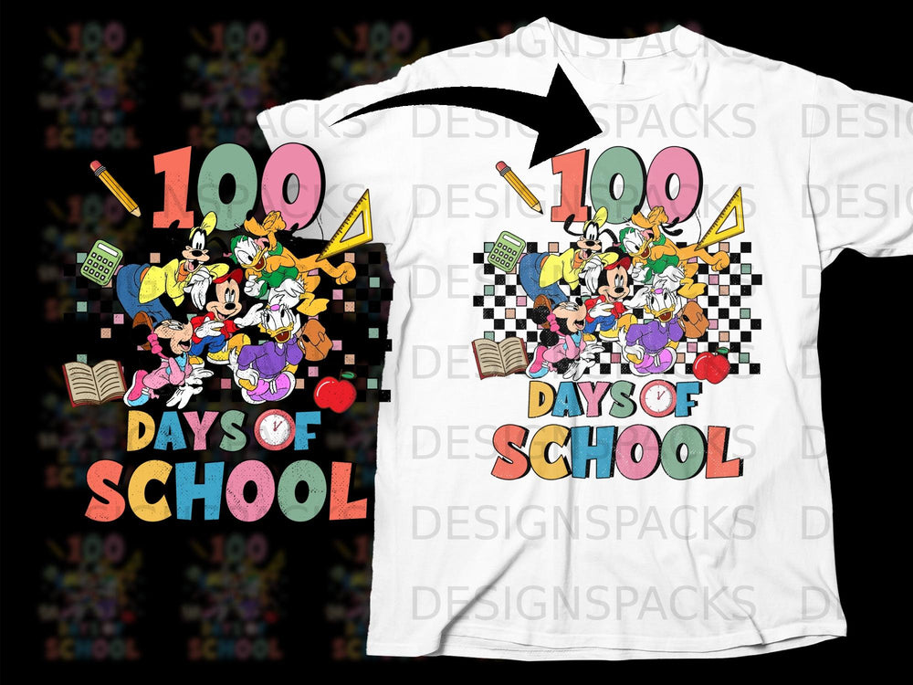 Mickey Mouse and friends celebrate 100 days of school with colorful graphics.