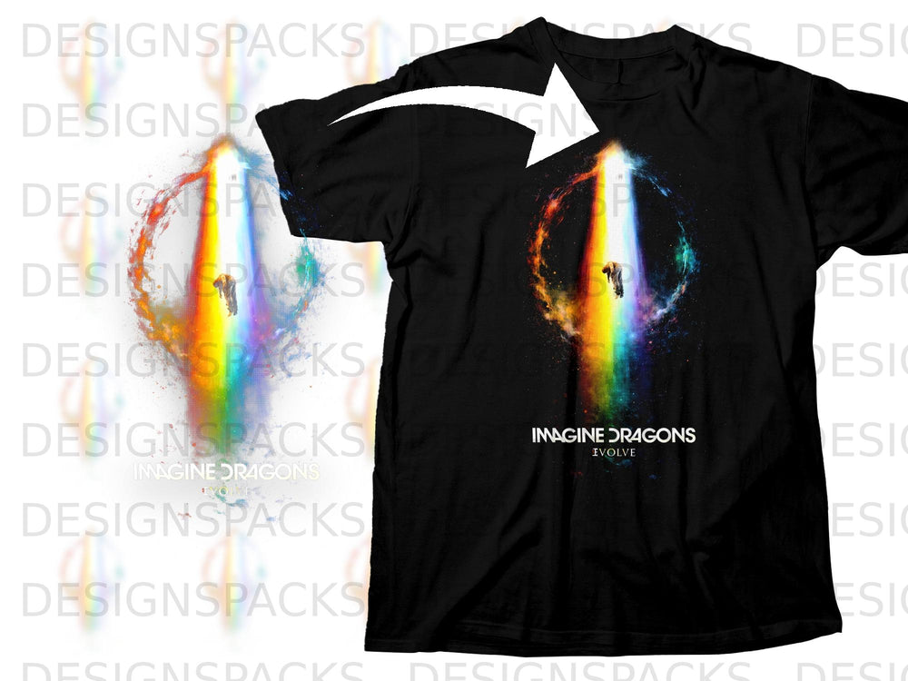 Black t-shirt with Imagine Dragons Evolve album art featuring a person in a rainbow beam.
