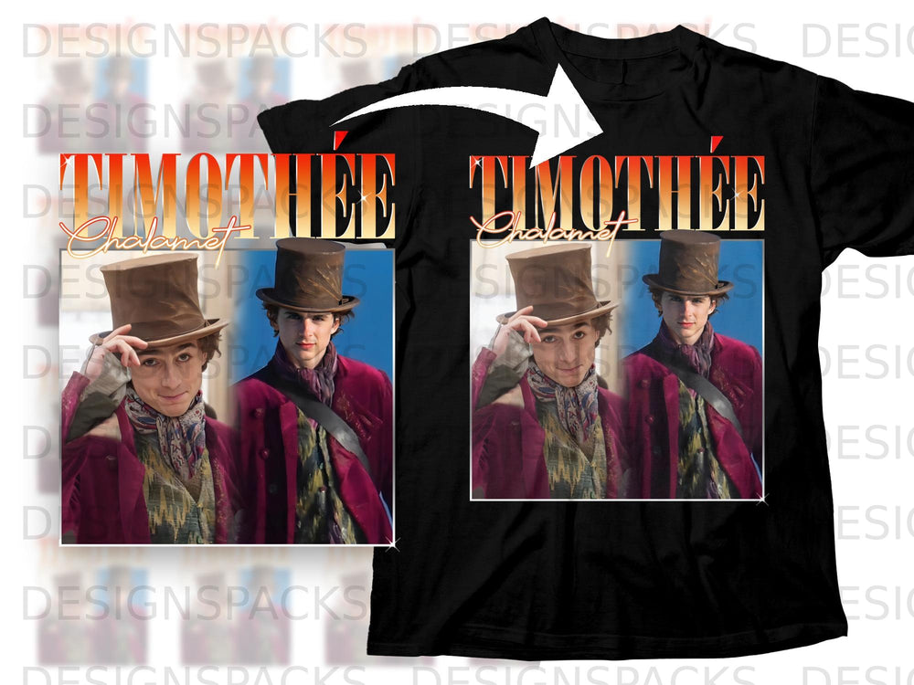 Black t-shirt with Timothée Chalamet graphic and text design.