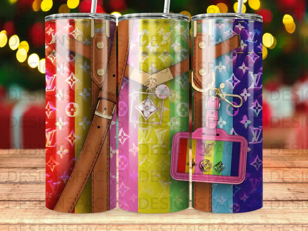 Tumbler with LV monogram and colorful geometric patterns, attached keychain.