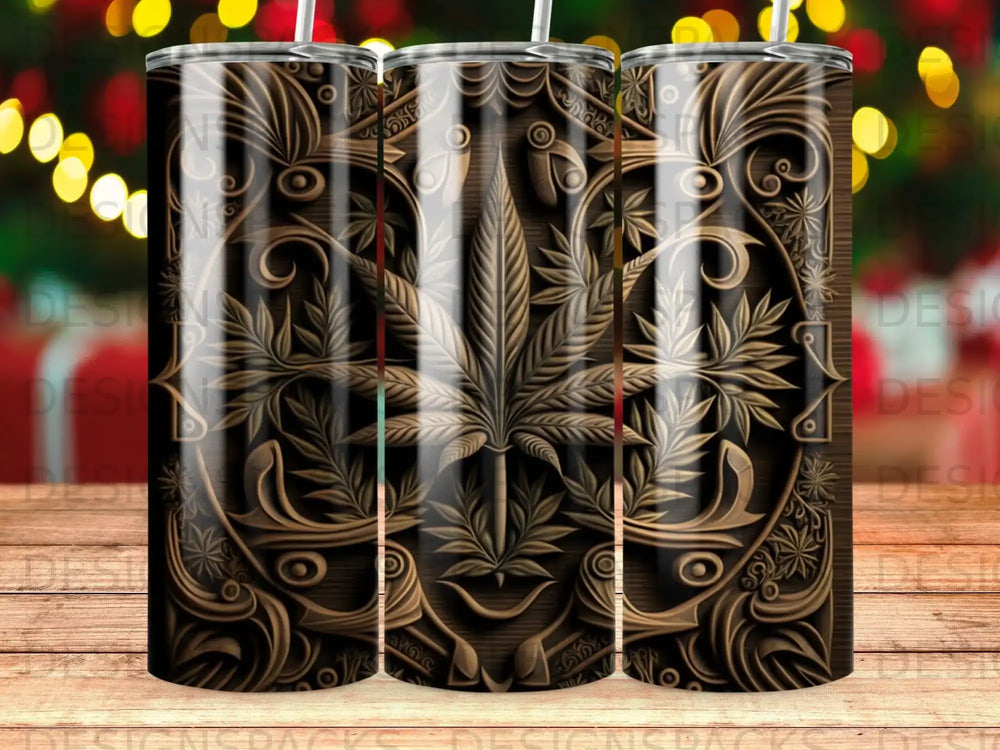 Wooden-textured tumbler with cannabis leaf pattern and bokeh lights background.