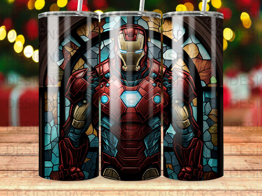 Iron Man in stained glass pattern on a tumbler.