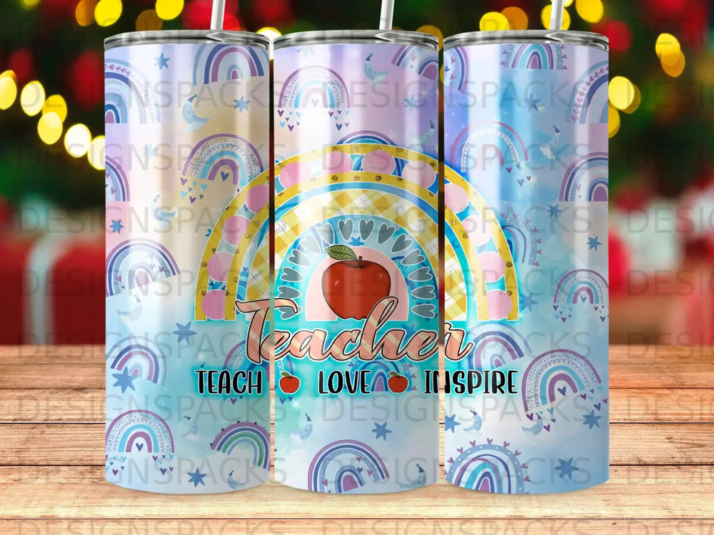 Teacher tumbler with rainbow, hearts, and "Teach Love Inspire" text.