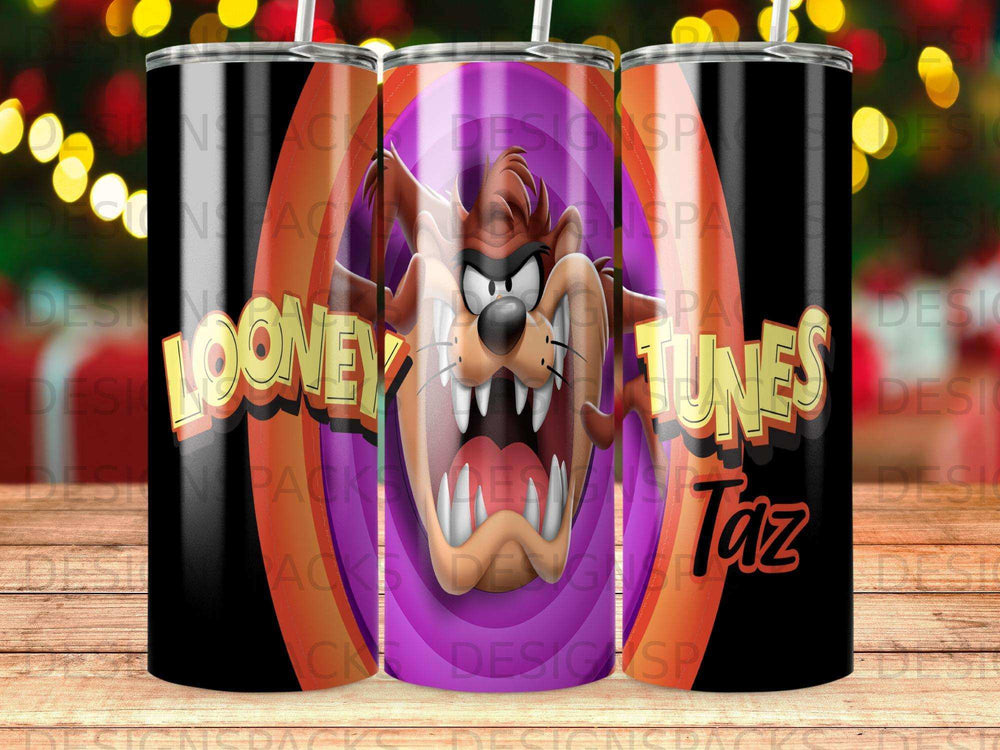 Looney Tunes Taz character on a tumbler with a blurred background.