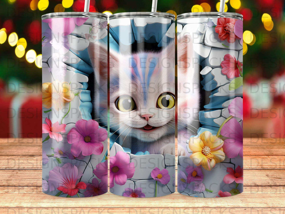 White cat with blue and pink stripes peeks through floral and brick wall.