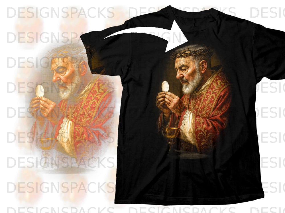 Black t-shirt with religious illustration of man in ornate robe holding communion wafer.