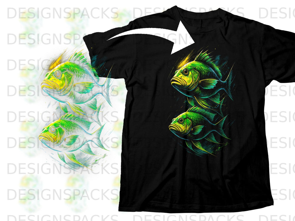 Black t-shirt with a graphic of three green and yellow fish stacked vertically.
