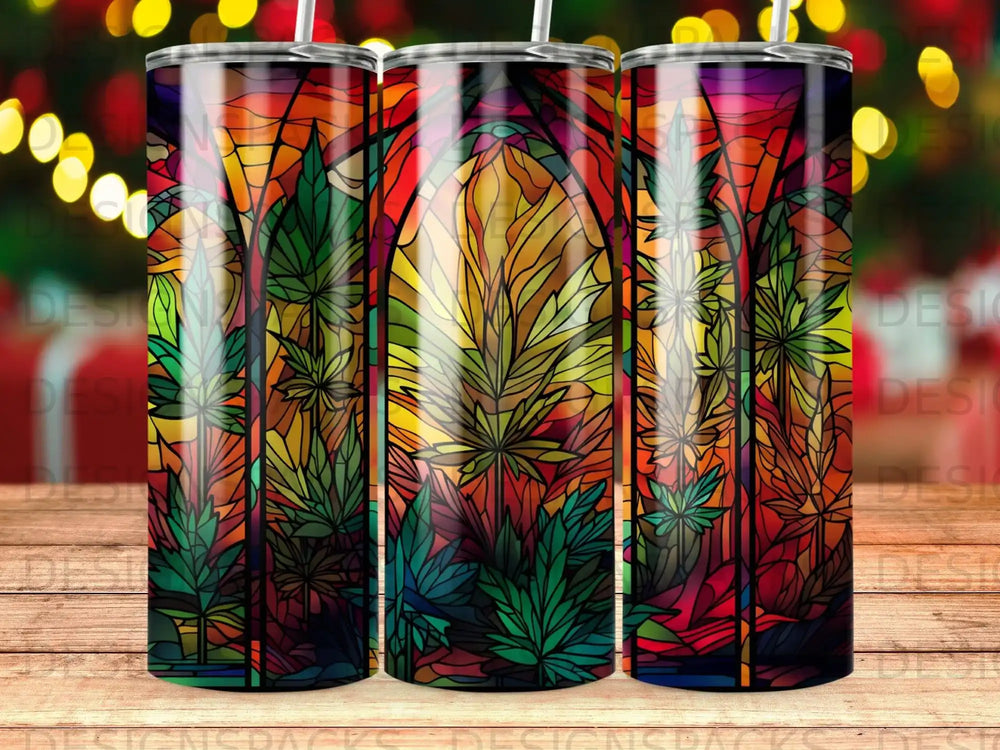 Stained glass pattern with cannabis leaves and floral motifs.