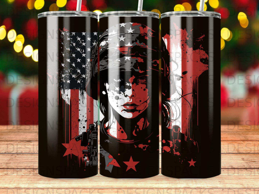 Woman in helmet with American flag background and patriotic stars.
