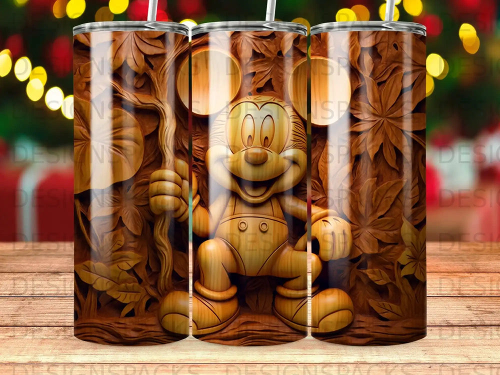 Mickey Mouse carved from wood, holding a staff, on a tumbler.