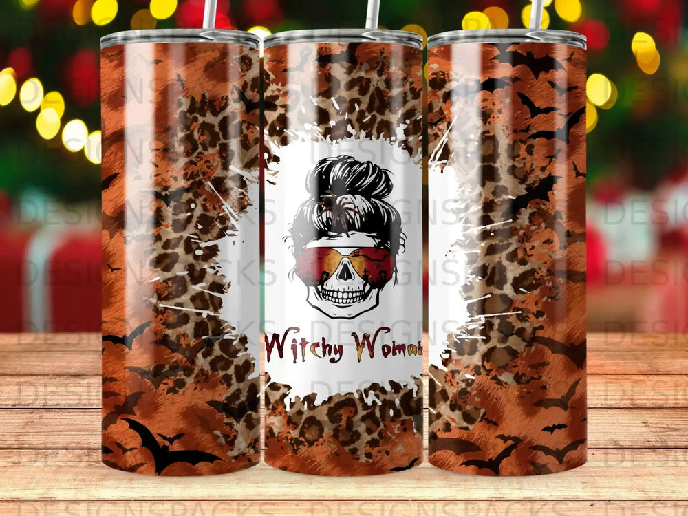 Witchy Woman tumbler with leopard print, bats, and skull design.