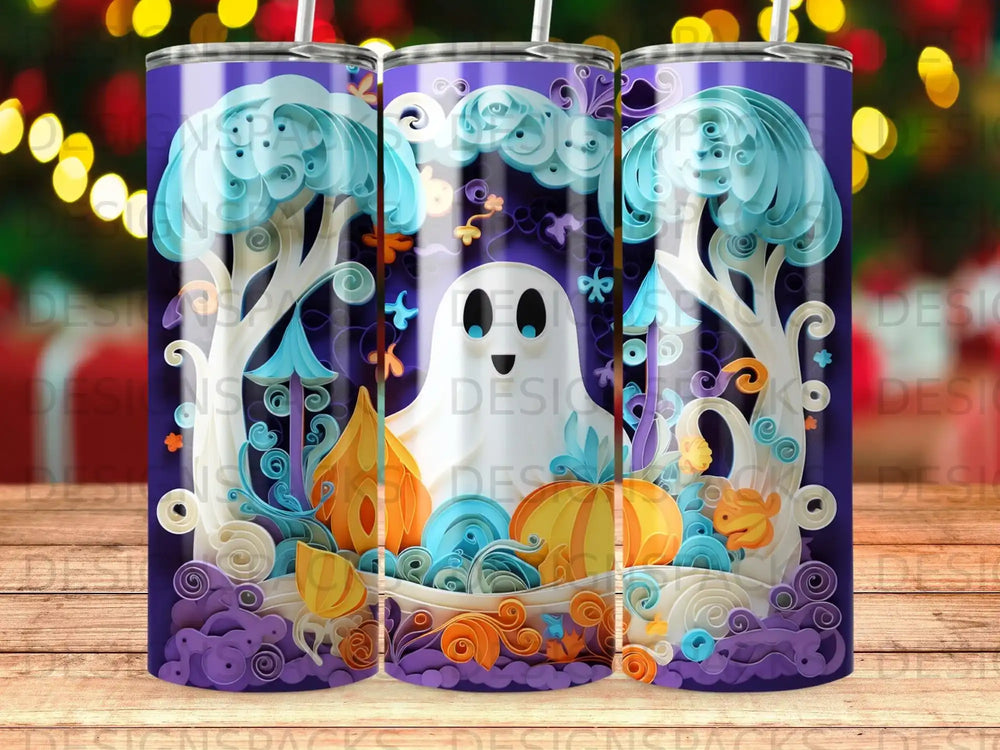 Halloween tumbler with ghost, pumpkins, clouds, and trees.