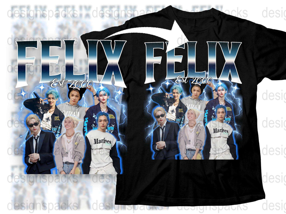 Felix Fan T-Shirt Multiple Poses Design, Est 2000, K-pop Style Tee, Unisex Black Shirt
