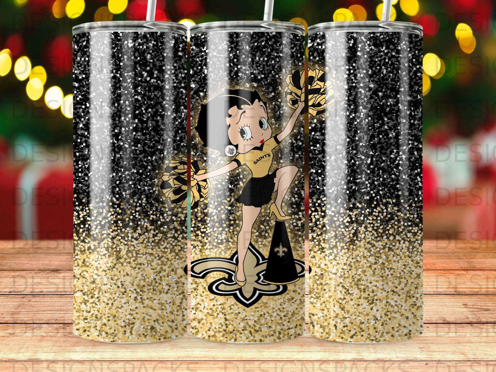 Betty Boop as a Saints cheerleader with glitter and team logo.
